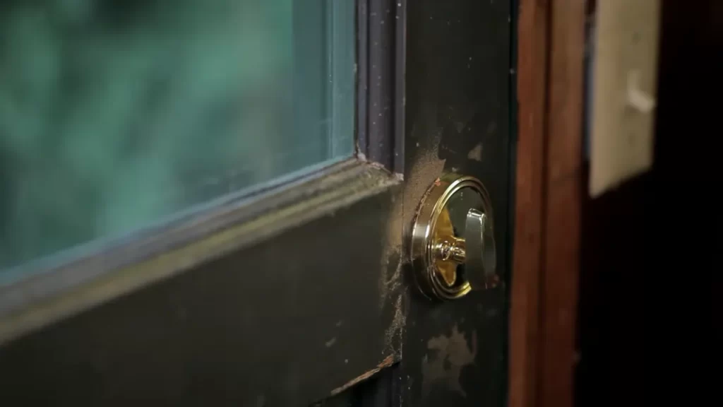 Patching or repairing the door if necessary